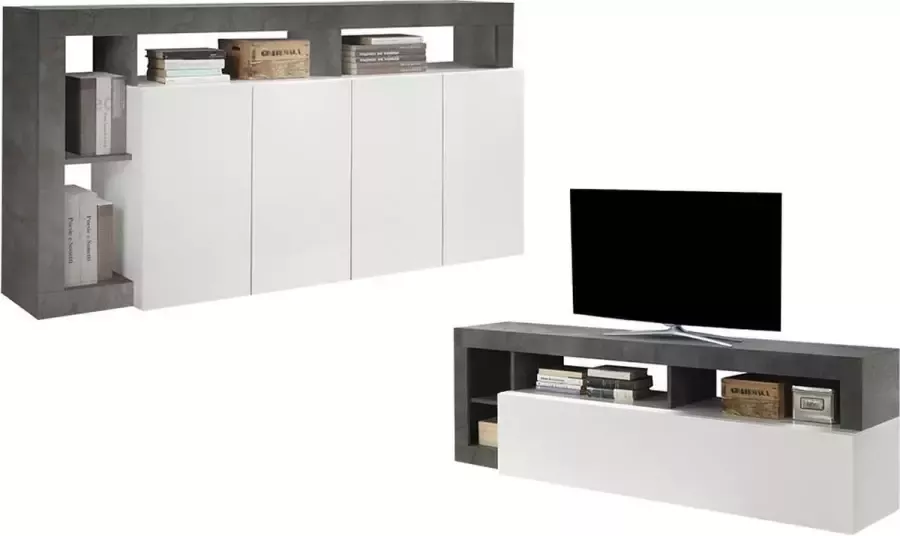 Set buffetkast + TV meubel SEFRO Beton en witgelakt L 184 cm x H 93 cm x D 42 cm