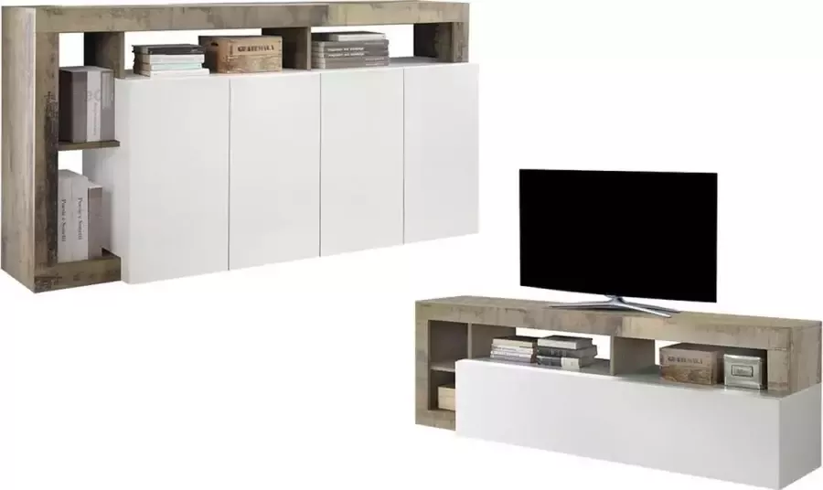 Set buffetkast + TV meubel SEFRO Eiken en witgelakt L 184 cm x H 93 cm x D 42 cm