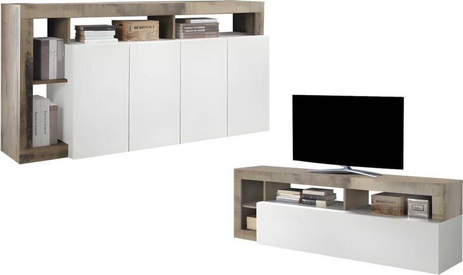 Set buffetkast + TV meubel SEFRO Eiken en witgelakt L 184 cm x H 93 cm x D 42 cm