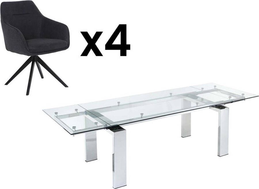 Set eettafel LUBANA + 4 stoelen MUSE Chroom & antraciet L 270 cm x H 83 cm x D 100 cm