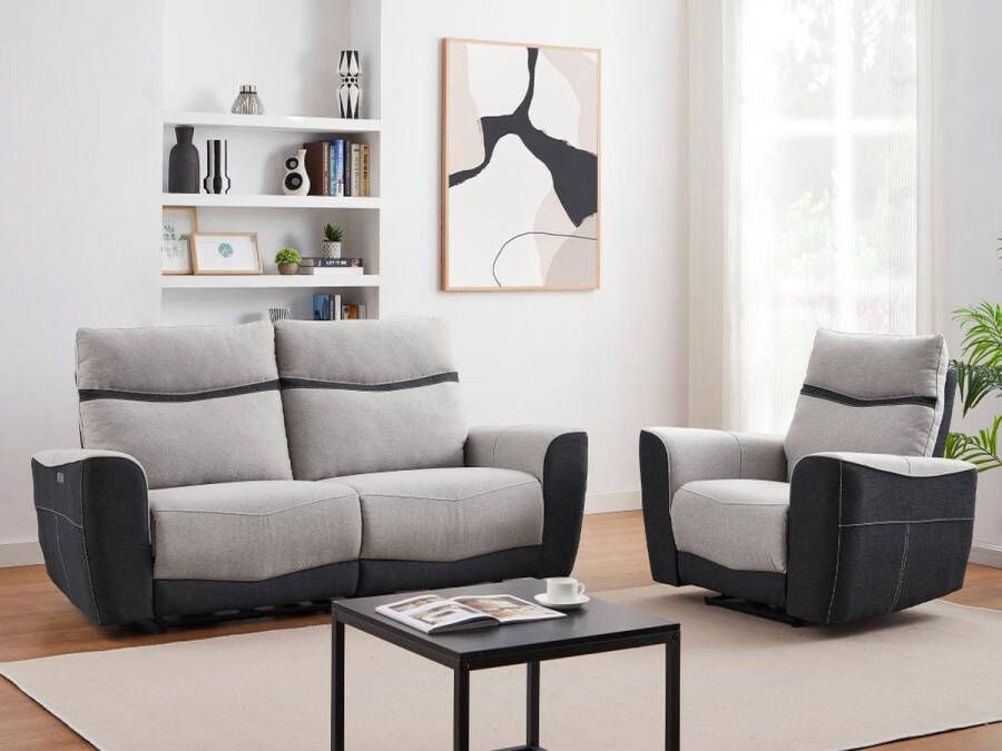 Vente-unique Set elektrische relax-driezitsbank en -fauteuil van grijze en antracietkleurige stof DAMON L 208 cm x H 102 cm x D 90 cm - Foto 2