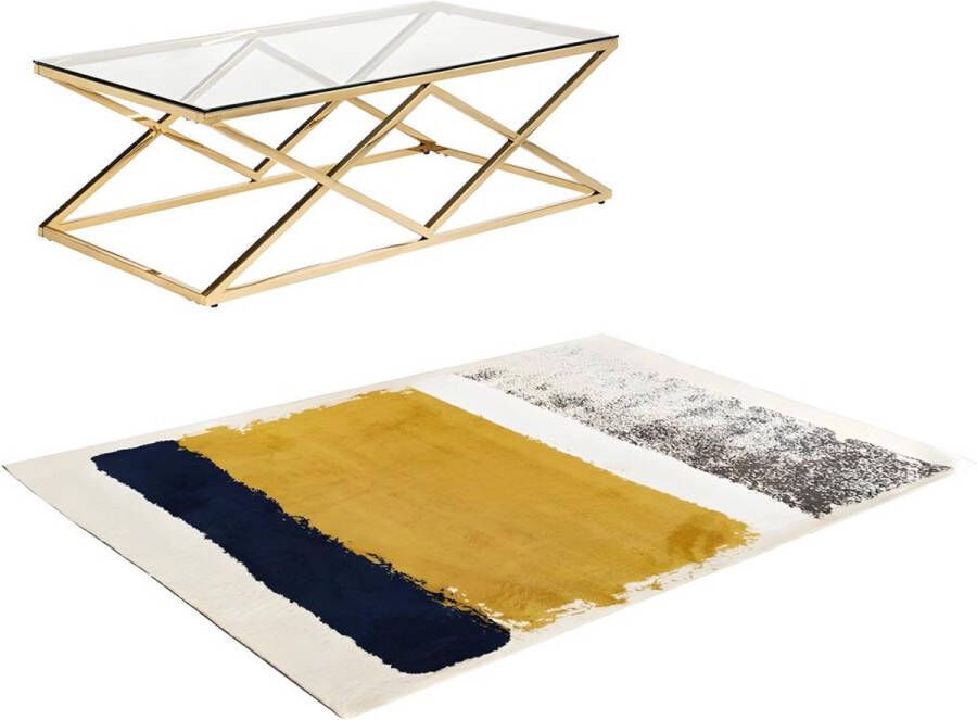 Set goudkleurige salontafel CHARLOTTE en blauw mostergeel en grijs tapijt CAMDEN L 230 cm x H 40 cm x D 160 cm