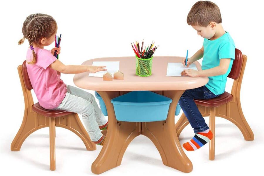 Set kindertafels en -stoelen 1 tafel en 2 stoelen milieuvriendelijk PE-materiaal sterk draagvermogen lichtgewicht afneembare opbergdoos eenvoudige montage (Koffie)