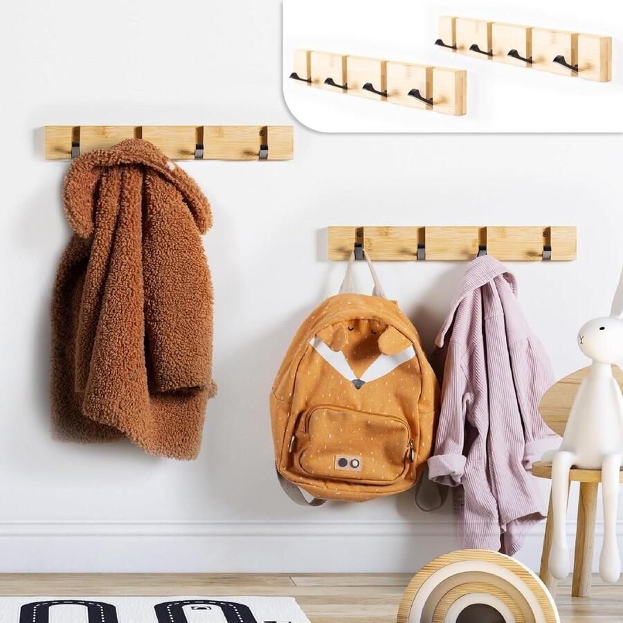 Set of 2 Bamboo Wall Wardrobe Hooks with Folding Clothes Hooks