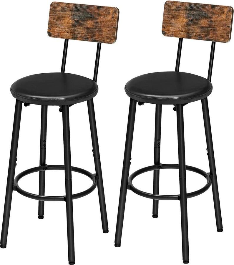 Set of 2 Bar Stools with Backrest and Footrest PU Leather Cover Kitchen and Living Room Chairs Easy Assembly Vintage Brown Black Color