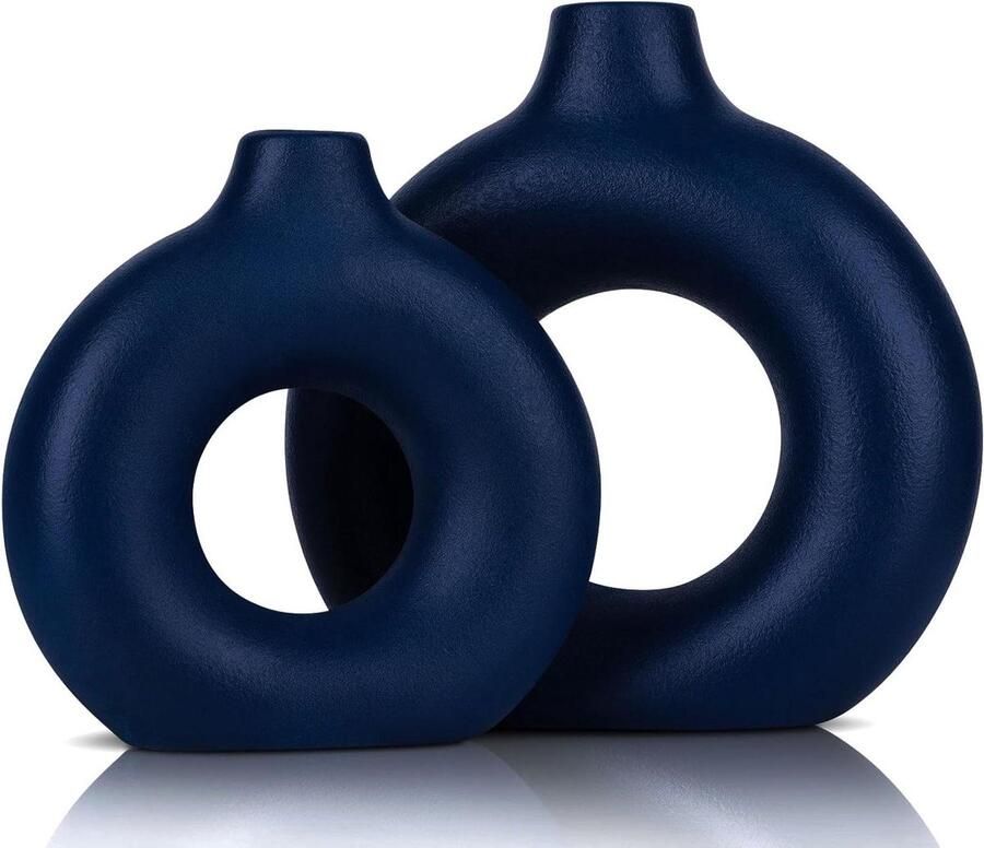 Set of 2 Blue Ceramic Vases Decorative Round Navy Blue Vases for Centerpieces Farmhouse and Home Decor for Living Room Kitchen Bedroom Dining Table and Office