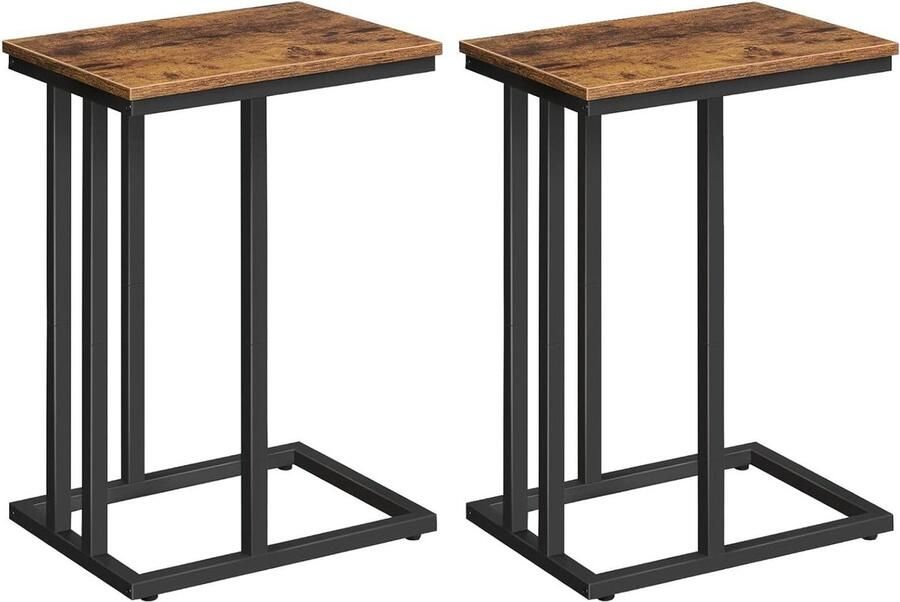 Set of 2 C Shape Side Tables Small Coffee Table for Small Space Sofa Snack Laptop Table for Living Room Bedroom Easy Assembly Rustic Brown