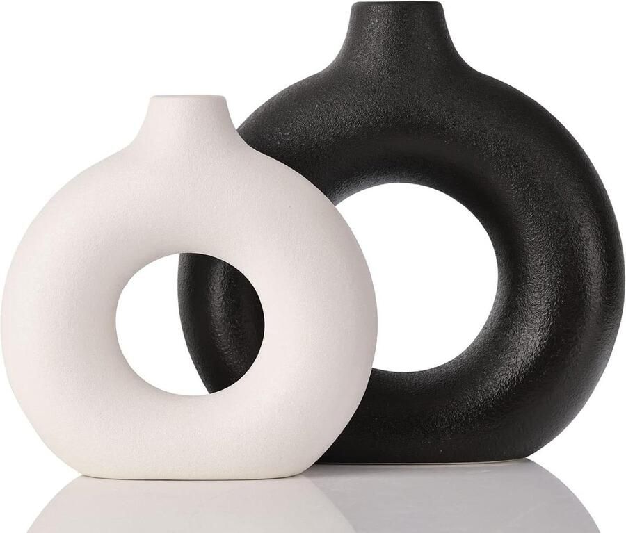 Set of 2 Ceramic Round Hollow Donut Black and White Vases Modern Boho Pampas Grass Vase for Living Room Kitchen Mantle Bedroom Dining Table Office Farmhouse Centerpieces