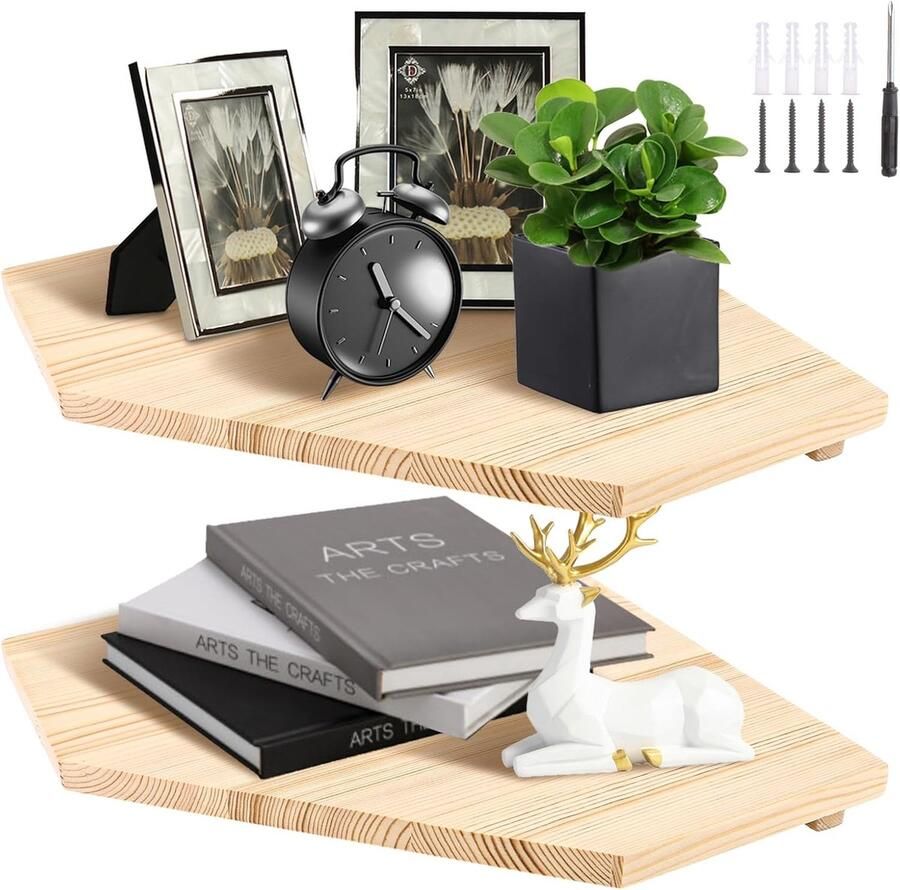 Allecto Plus Set van 2 hoekplanken 28 cm breed hangend wandrek in bruin hout met draadgat Zwevende planken voor keuken slaapkamer en woonkamer Decoratief diamantvormig design Zware belasting