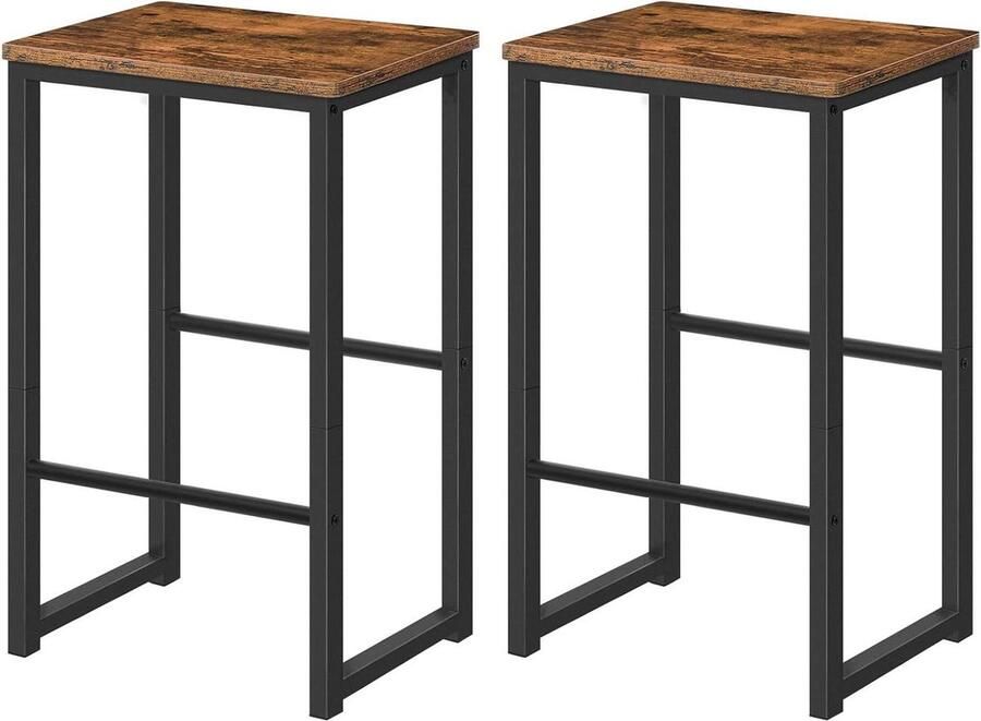 Set of 2 Different Height Pedals Black Steel Frame Bar Stools for Living Room Dining Room Kitchen Rustic Brown Industrial Design