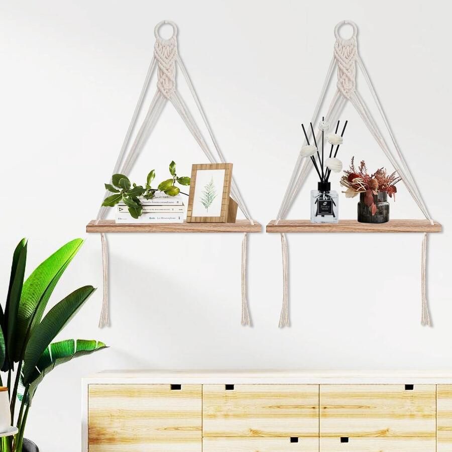 Set of 2 Floating Wooden Hanging Shelves with Rope Shelves Boho Design for Living Room Wall Shelf Floating Shelf with Solid Pine Rope Brown