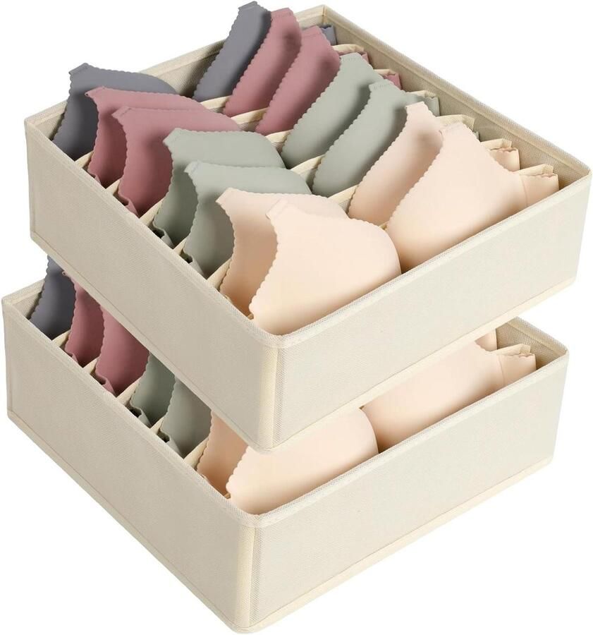 Set of 2 Foldable Drawer Organizers with 7 Compartments for Bras Underwear Socks and Ties