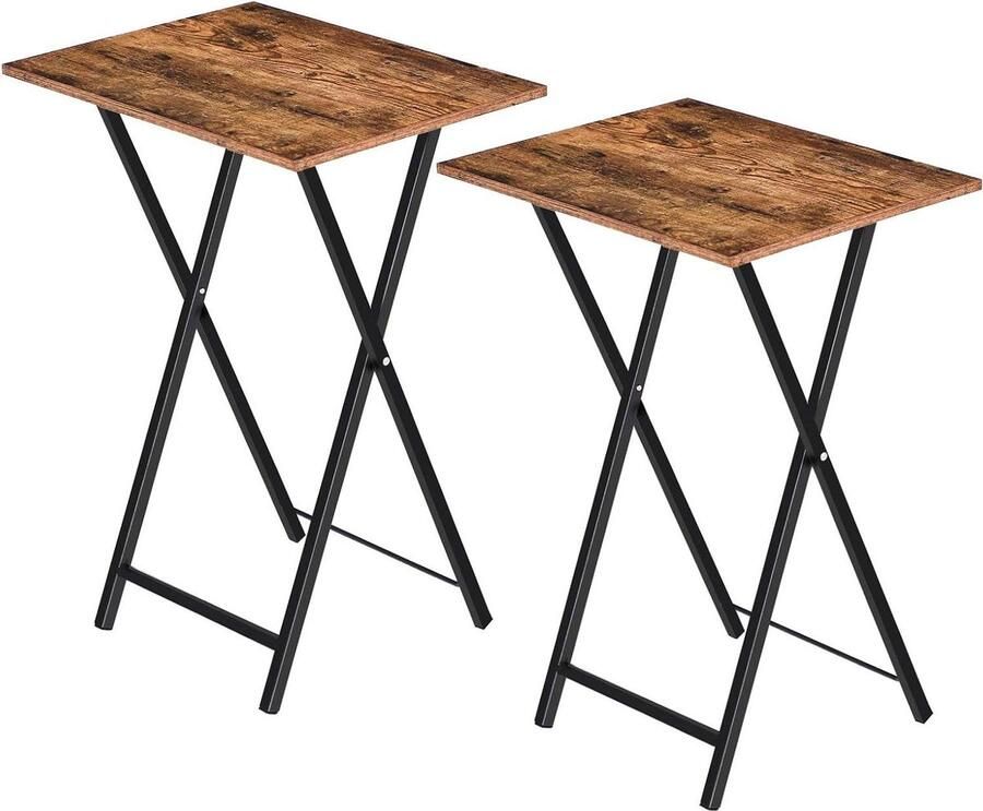 Set of 2 Foldable Sofa Side Tables Industrial Style Living Room Furniture with Rustic Brown Finish
