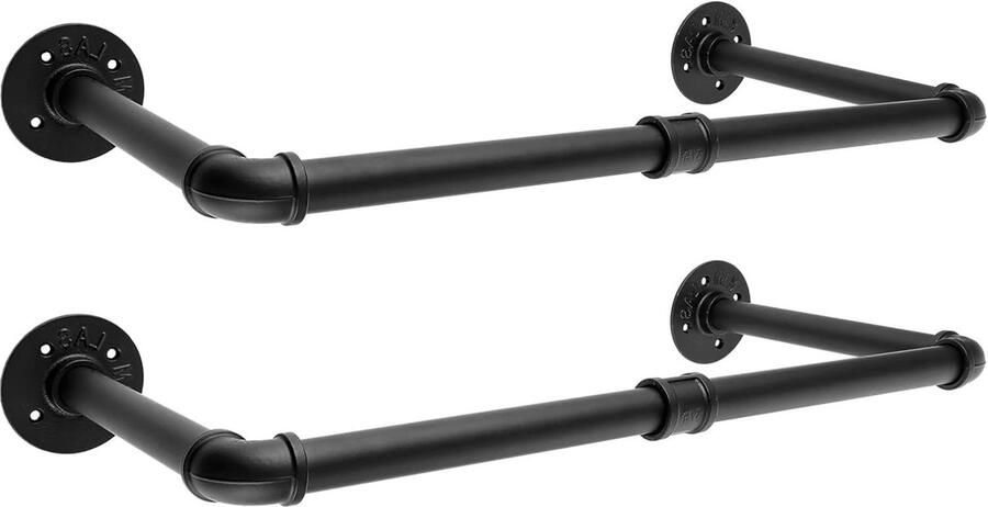 Set of 2 Industrial Tubes Clothes Rail 60 cm Wall Mounted Metal Wardrobe Rail Black Clothes Rail voor Bedroom Kitchen Hallway Laundry Room