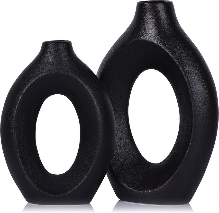 Set of 2 Modern Hollow Matte Black Ceramic Vases Boho ins Style Decorative Pampas Grass Flower Vase for Living Room Centerpieces Wedding Bedroom Kitchen Dining Table and Office