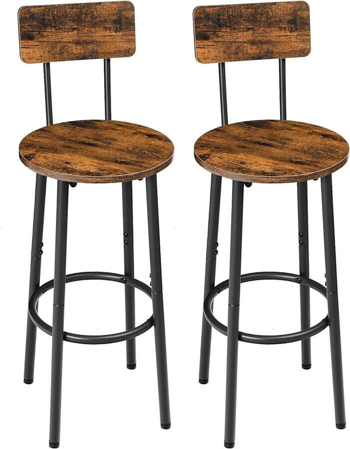 Set of 2 Breakfast Bar Stools with Backrest and Footrest High Bar Chair for Dining Room Party Rustic Brown