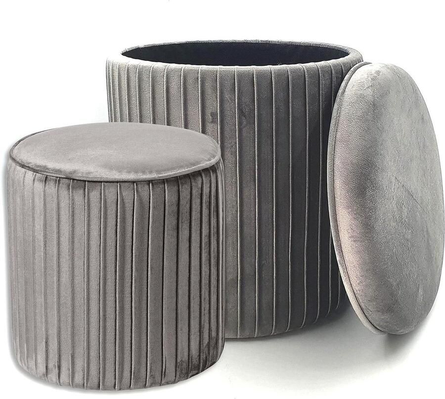 Set of 2 Velvet Bean Bags Cylinder Ribbed Stool Footrest Desk Makeup Table Kids Chair for Bedroom Living Room Footrest Bedside Chair Flu (Grey)