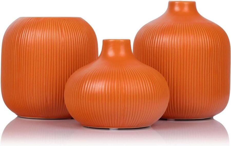 Set of 3 Small Ribbed Orange Ceramic Vases for Rustic Home Decor Living Room Kitchen Cloak Bedroom Dining Table Office Farmhouse Vases for Centerpieces