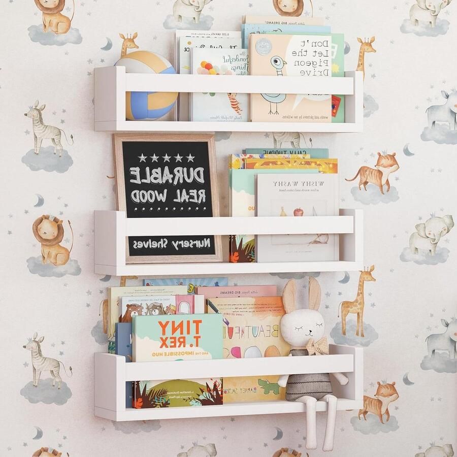 Set of 3 White Children's Room Shelves Wooden Wall Bookshelves for Bedroom Bathroom and Kitchen