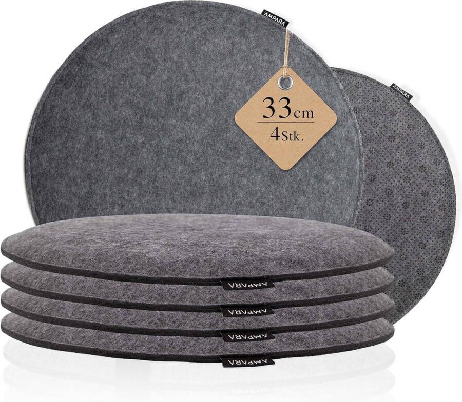 Set of 4 Chair Cushions Round 33 cm Non-Slip & Cosy Felt Seat Cushion Round Grey for Chair Bench Stool etc. (Light Grey)