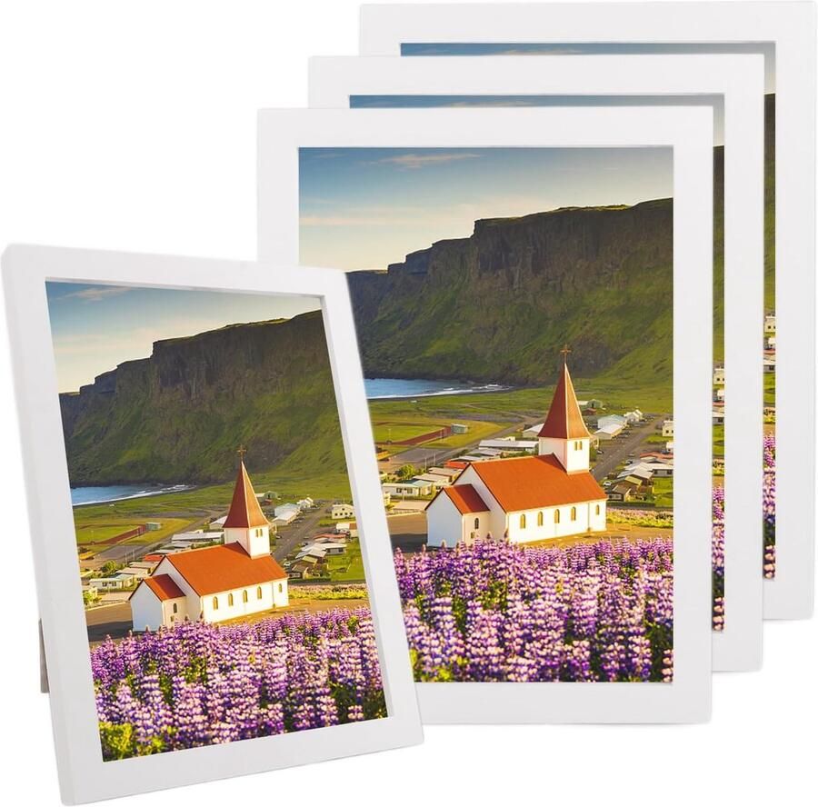 Set of 4 Houten Fotolijsten Wand Fotolijst Houten Decoratie 21 x 29.7 cm Fotolijsten met Acrylglas Plaatsen op de Tafel en Ophangen aan de Muur Wit