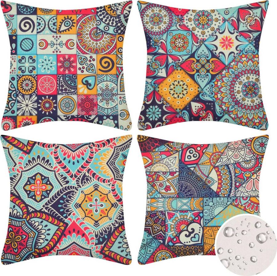Set of 4 Waterproof Decorative Cushion Covers 45 x 45 cm Ethnic Cushion Cover Sofa Cushion Flowers Mandala Colourful Art Decorative Cushion Covers for Garden Patio Bench Bed Office Cafe Office Outdoor