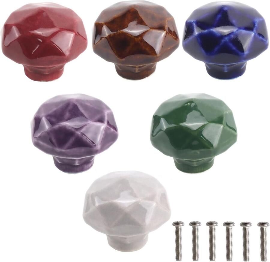 Set of 6 Kleurige Vintage Keramische Kastknoppen met Schroeven voor Lades en Deuren