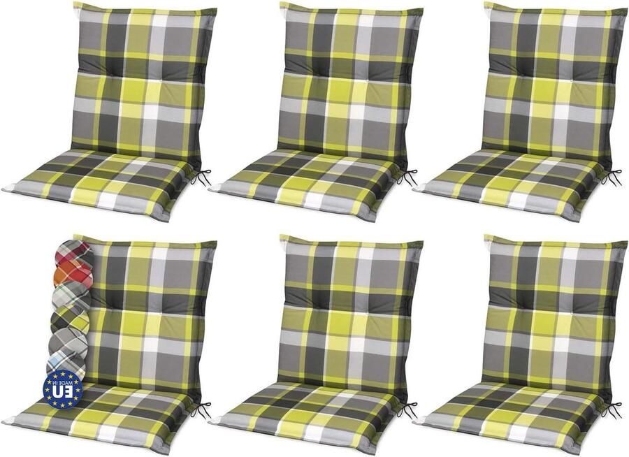 Set of 6 Low Back Garden Chair Cushions 100 x 50 cm in Green Checkered Comfortable Seat Cushions with UV Lightfastness