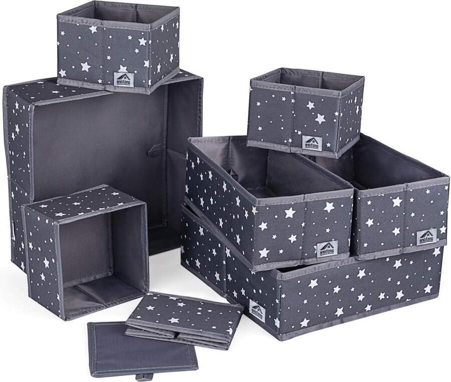 Set of 8 Drawer Organizer Foldable Fabric Wardrobe Star Pattern Storage Box Cabinet Dividers Storage Cubes for Underwear Socks Ties Scarves Bras Grey