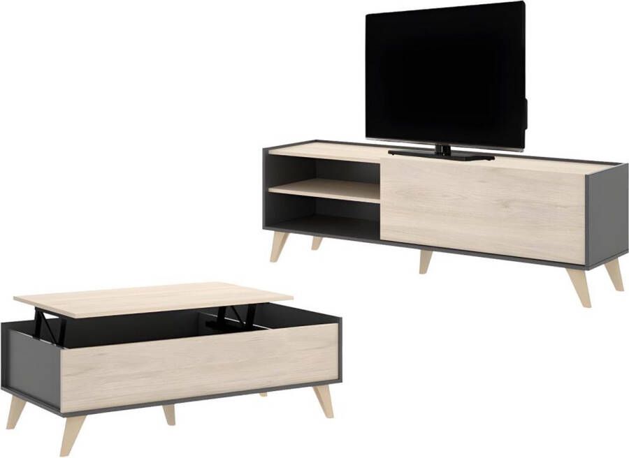 Set scandinavische woonkamer KOLYMA: Salontafel + TV-meubel Antraciet eiken L 155 cm x H 47 cm x D 60 cm