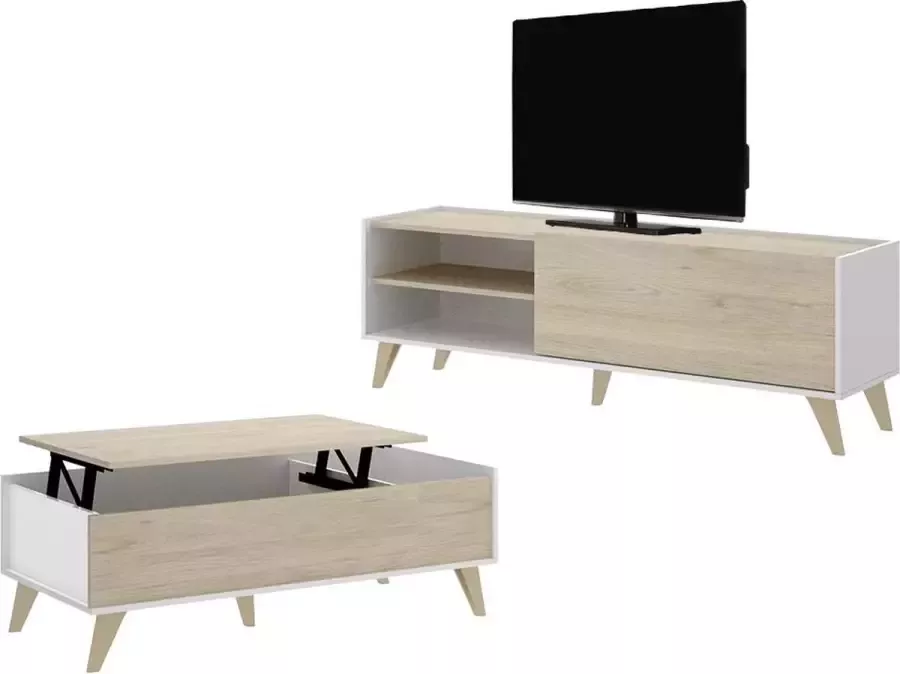 Set scandinavische woonkamer KOLYMA: Salontafel + TV-meubel Wit eiken L 155 cm x H 47 cm x D 60 cm