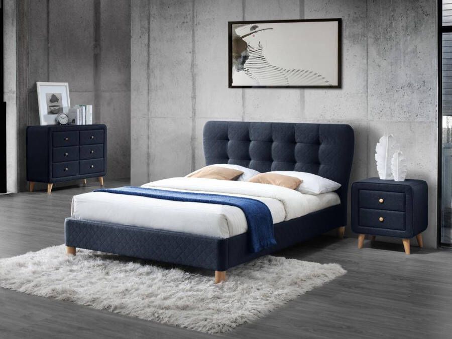 Set slaapkamer ELIDE: Bed 140x190 cm en 2 nachtkastjes Blauwe stof L 163 cm x H 102 cm x D 206.5 cm