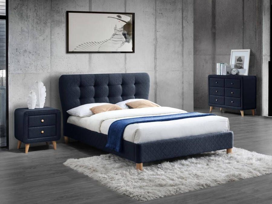 Set slaapkamer ELIDE: Bed 140x190 cm en 2 nachtkastjes Blauwe stof L 163 cm x H 102 cm x D 206.5 cm