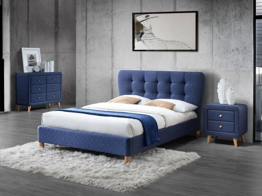 Vente-unique Set slaapkamer ELIDE: Bed 140x190 cm en 2 nachtkastjes Blauwe stof L 163 cm x H 102 cm x D 206.5 cm - Foto 2