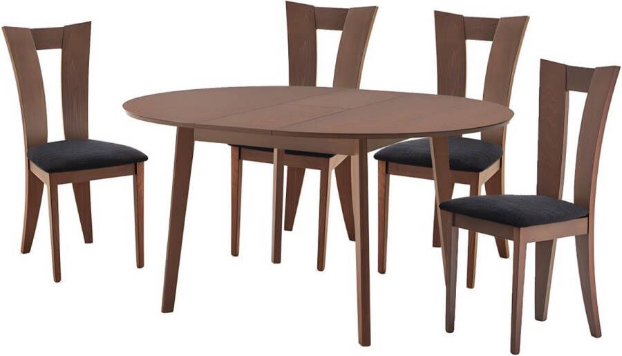 Set tafel + 4 stoelen TIFFANY Massief beuken Notenkleur L 150 cm x H 76 cm x D 120 cm
