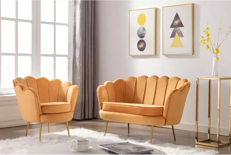 Pascal Morabito Set tweezitsbank en fauteuil van fluweel Mosterdgeel DANDELION L 124 cm x H 78 cm x D 75 cm - Foto 2