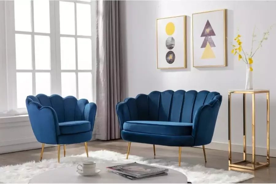 Pascal Morabito Set tweezitsbank en fauteuil van fluweel Nachtblauw DANDELION L 124 cm x H 78 cm x D 75 cm - Foto 2