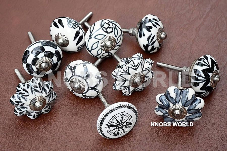 Set van 10 keramische knoppen voor keukenkastgrepen en laden Zwart en wit
