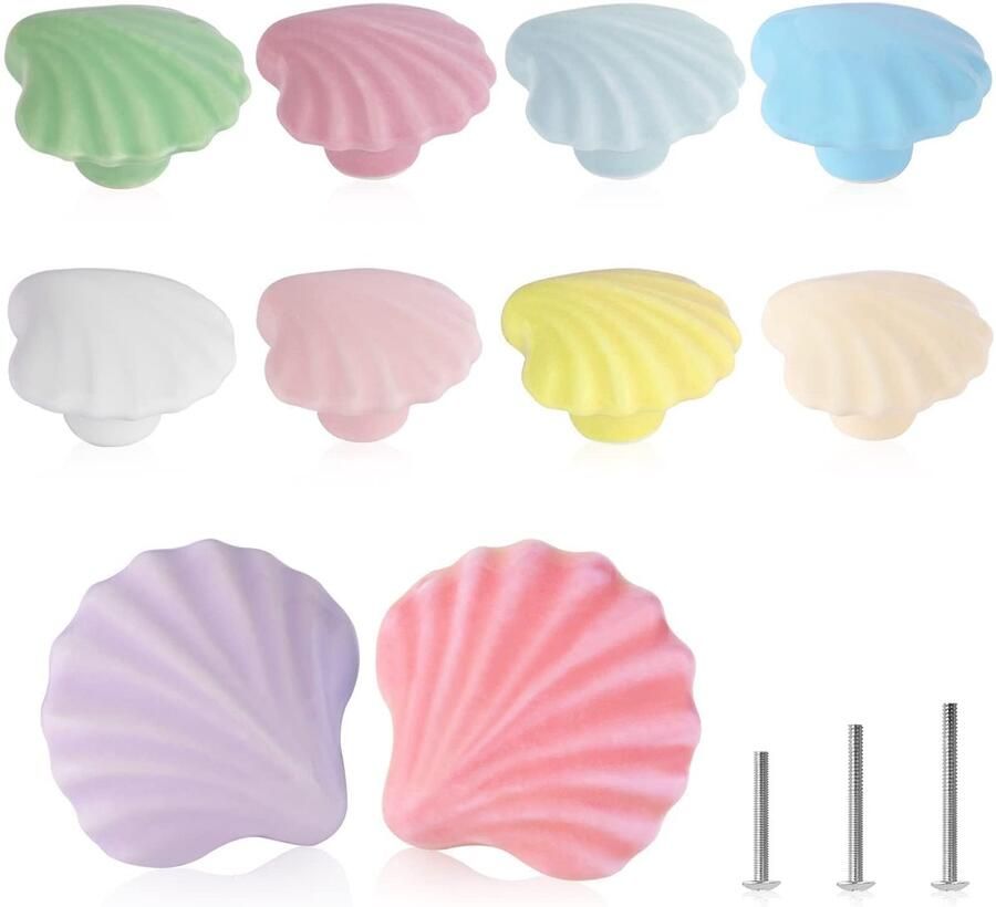 Set van 10 kleurrijke keramische knoppen in schelpvorm voor kinderkamer en meer