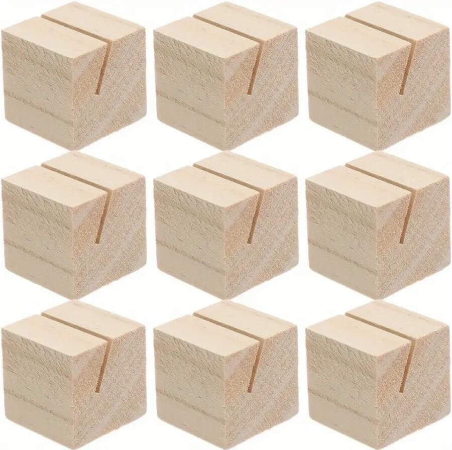 Set van 10 Kubusvormige Houten Kaarthouders – 3x3 cm – Visitekaart Foto & Menukaart Houder – Natuurlijk Hout – Bruiloft Feest & Bureau Decoratie
