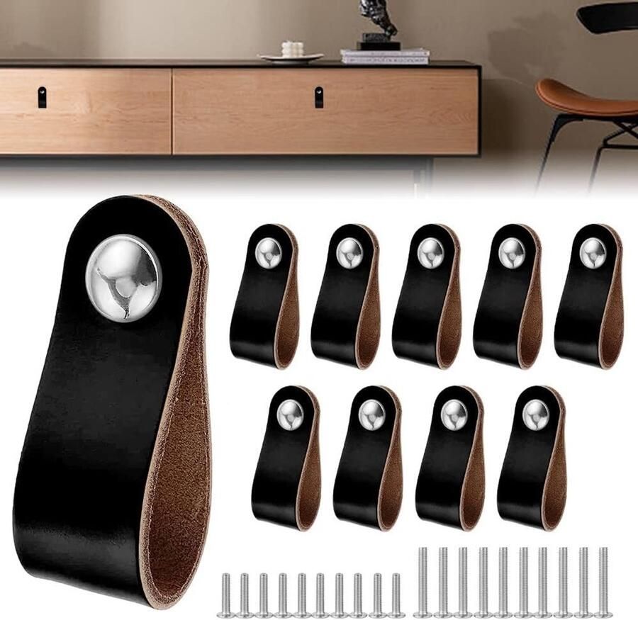 10 stuks Leren handgrepen Handgreep Handgrepen leer Ladegreep Leren meubelgreep Leren handvaten kast Leren lus Meubelgreep Handvaten Kast Leren greepjes Leren deurgreep Leren meubelgreep Zwart - Foto 2