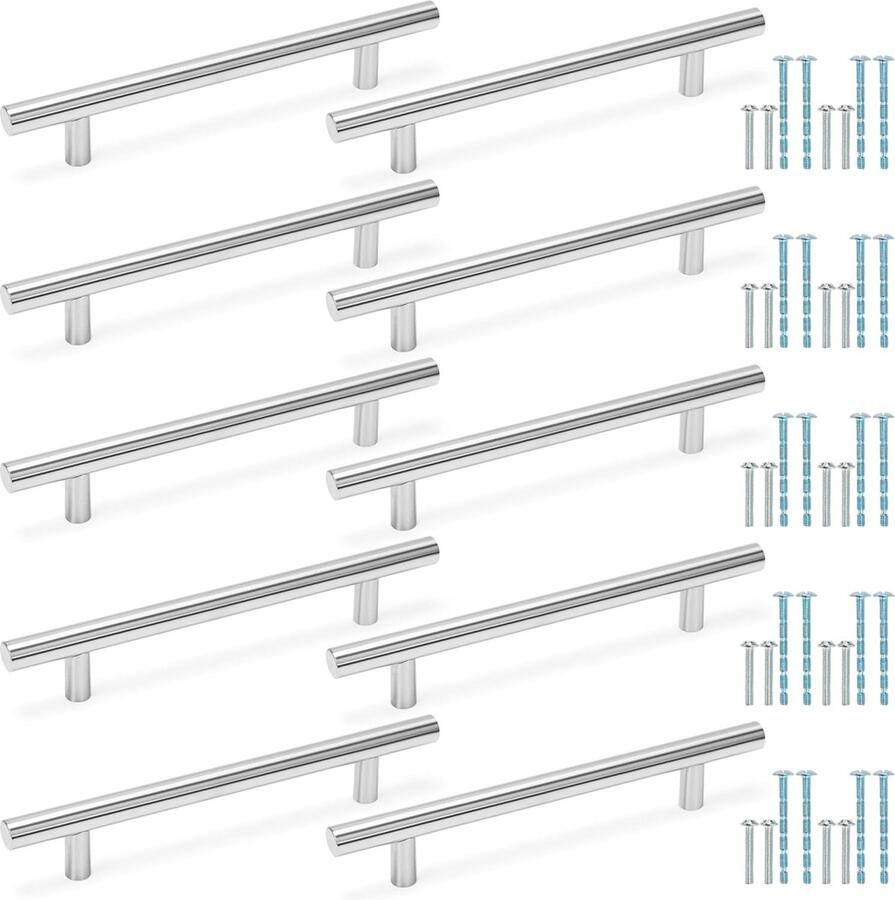 Set van 10 roestvrijstalen kastgrepen 140 mm x 190 mm zilveren T-handgrepen meubelgrepen handgrepen voor keukenkasten of laden keukengrepen keukenkastgrepen