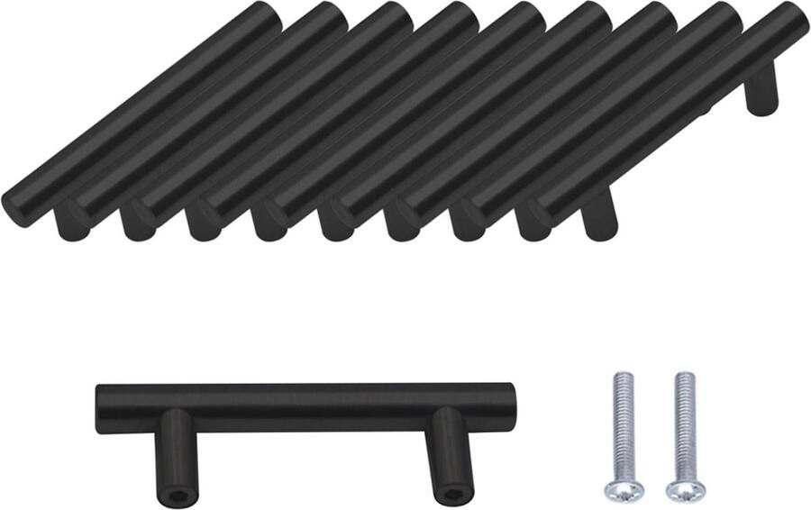 Set van 10 T-handgrepen van Roestvrij Staal voor Keukenkasten en Meubels Matzwart Gatencentra 64 mm