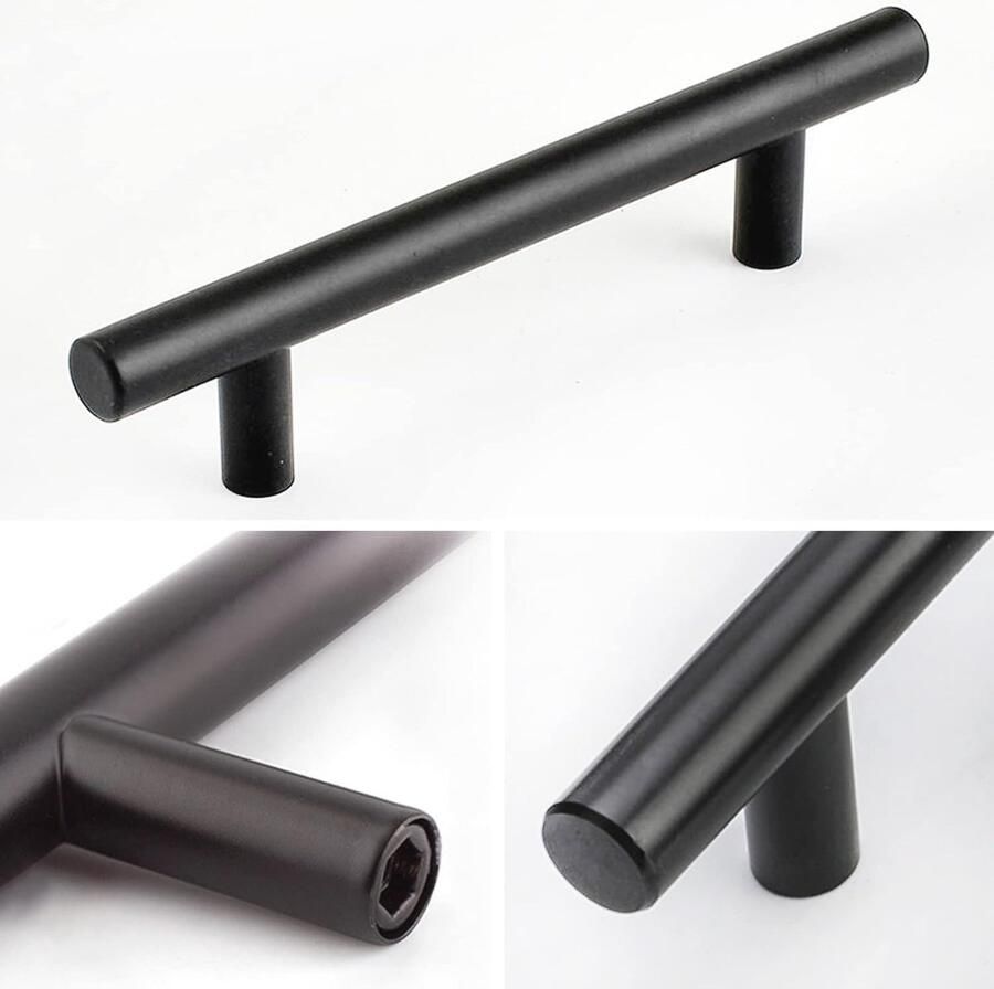 Set van 10 T-handgrepen van Roestvrij Staal voor Keukenkasten en Meubels Matzwart Gatencentra 64 mm