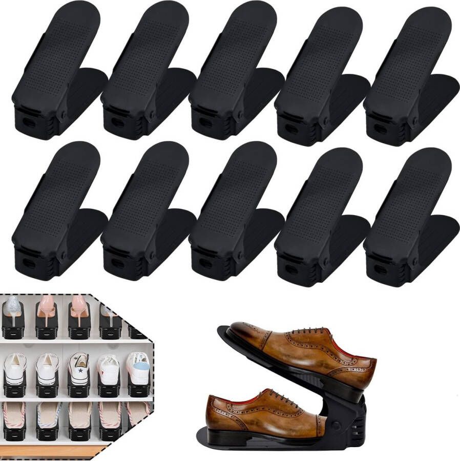 Set van 10 verstelbare schoenenrekken schoenenstapelaars schoenhouders 3 in hoogte verstelbaar ruimtebesparend antislip kunststof (zwart)