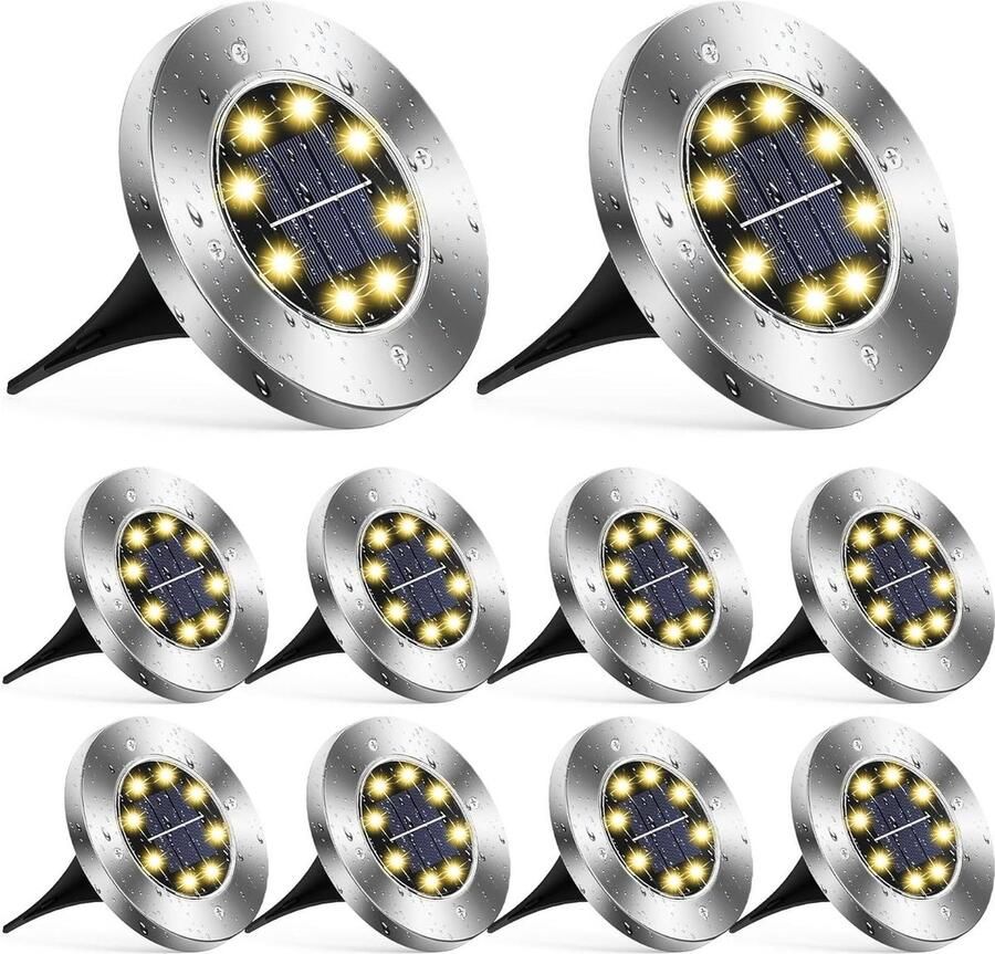 Set van 10 Warm witte Zonne-verlichting voor Tuin met 8LEDs Vloerlamp Outdoor IP65 Waterdicht