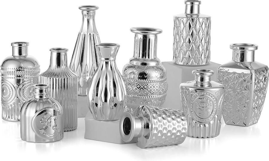 Set van 10 Zilveren Glazen Bloemenvazen voor Tafel Decoratie
