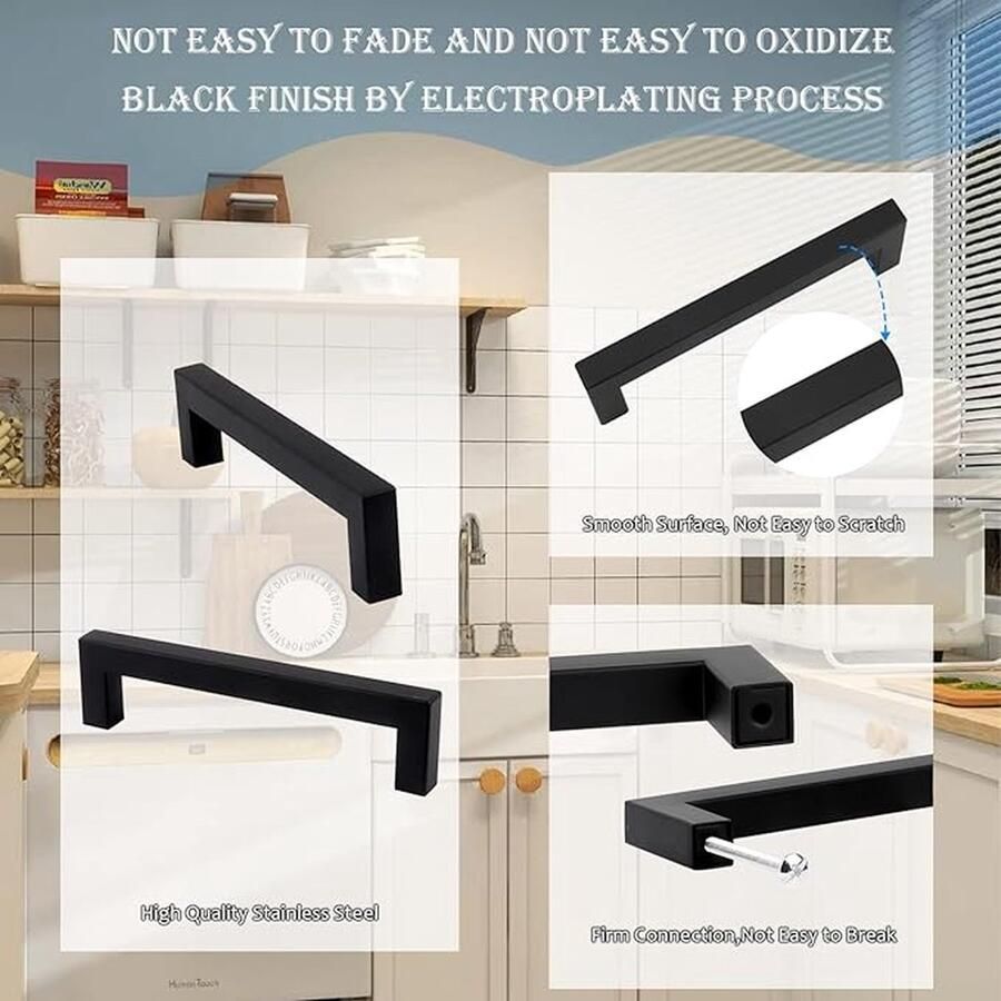 CLORD Zwarte keukengrepen met een gatafstand van 96 mm gemaakt van roestvrij staal inclusief veertig schroeven. Deze ladegrepen zijn geschikt voor kasten deuren en keukens en hebben een vierkant ontwerp voor een moderne uitstraling