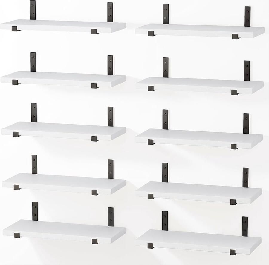 Set van 10 zwevende houten wandplanken multifunctioneel wandrek 10 stuks wit hout 40 x 15 cm