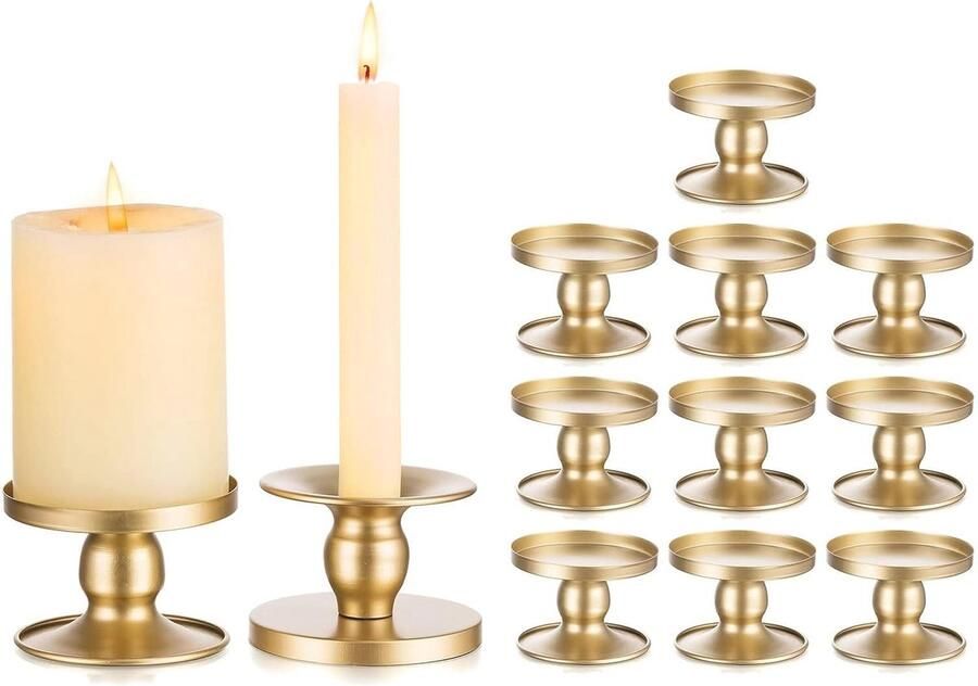 Set van 12 Gouden Kandelaren Metalen Kaarsenhouders voor Stompkaarsen en Staafkaarsen Vintage Decoratie voor Tafel en Bruiloft